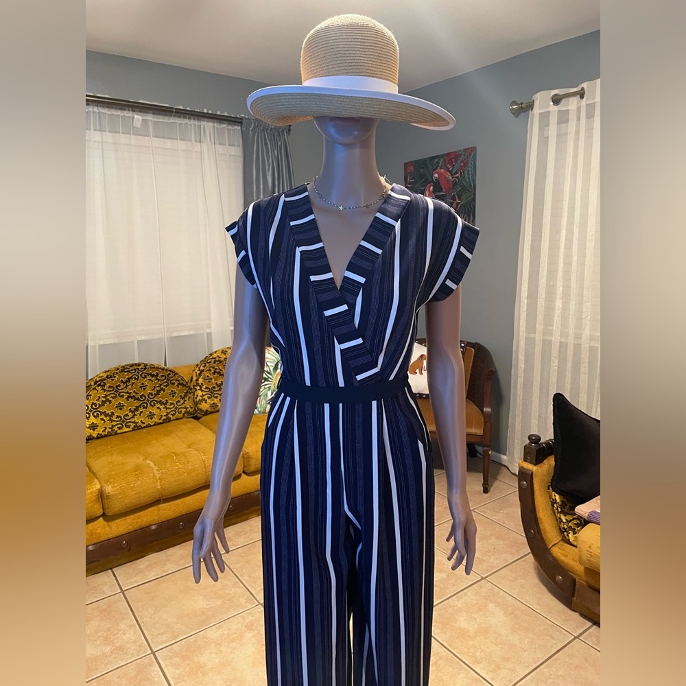 Navy blue white stripes jumpsuit with open back with pocket